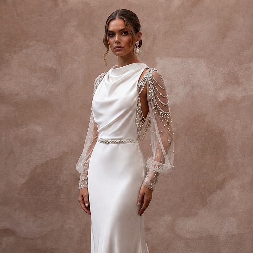 Old Hollywood White Satin Bias - Cut Gown for Engagement Shoot - Apparel & Accessories > Clothing > Wedding & Bridal Party Dresses > Wedding Dresses - Mignonette Bridal