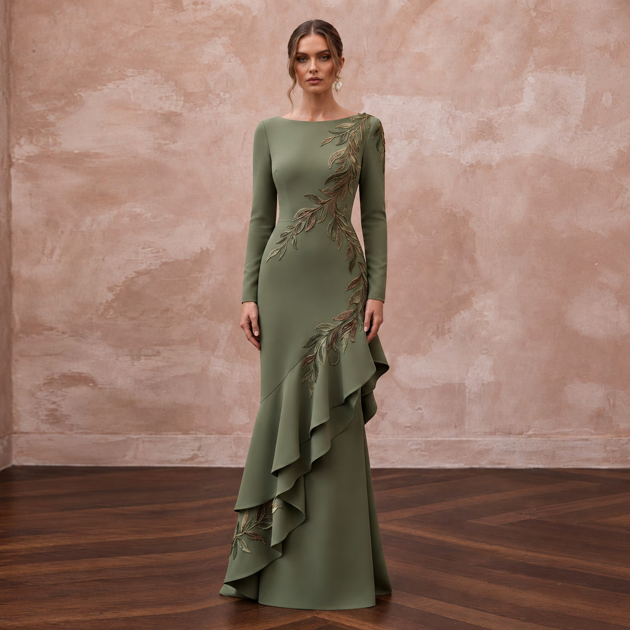 Olive Green Stretch Crepe Asymmetrical Hem Long Sleeve Dress - Apparel & Accessories > Clothing > Wedding & Bridal Party Dresses > Wedding Dresses - Mignonette Bridal
