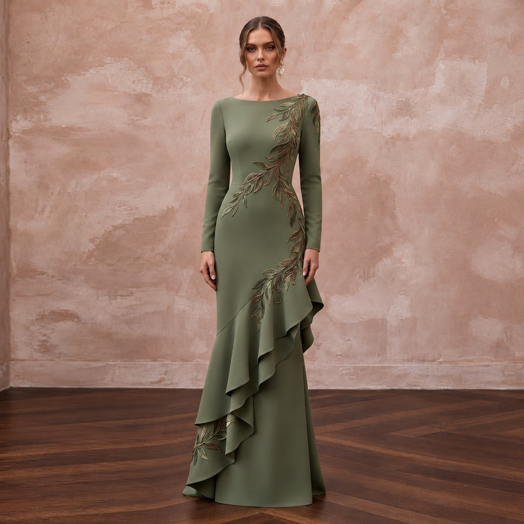 Olive Green Stretch Crepe Asymmetrical Hem Long Sleeve Dress