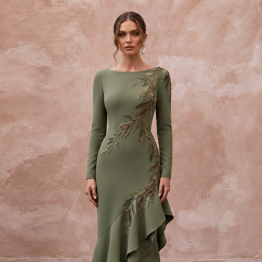 Olive Green Stretch Crepe Asymmetrical Hem Long Sleeve Dress
