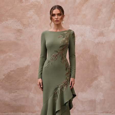 Olive Green Stretch Crepe Asymmetrical Hem Long Sleeve Dress