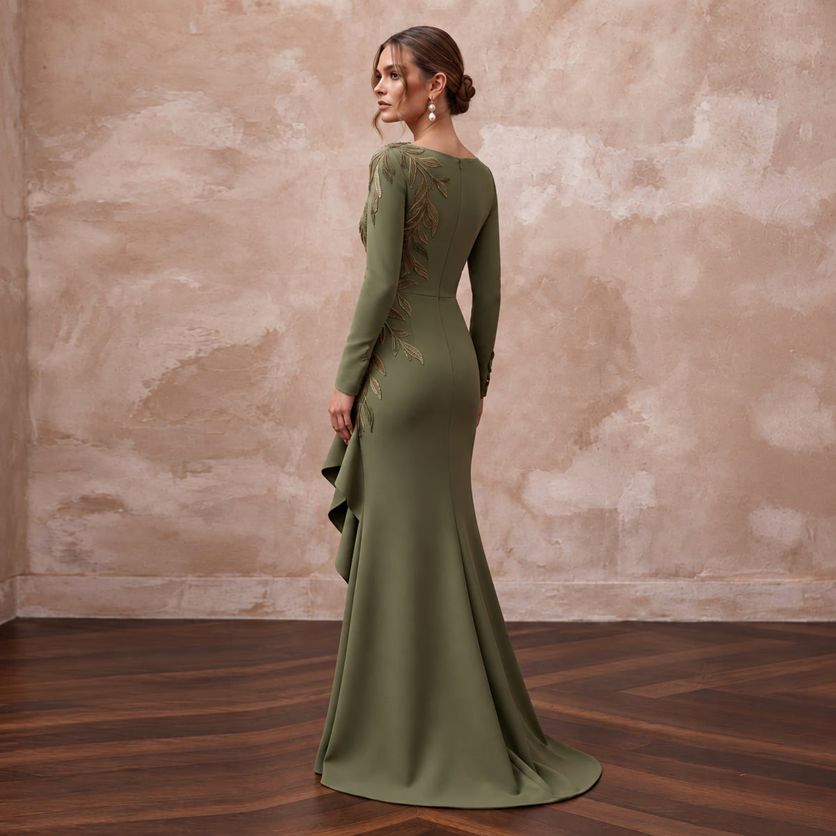 Olive Green Stretch Crepe Asymmetrical Hem Long Sleeve Dress
