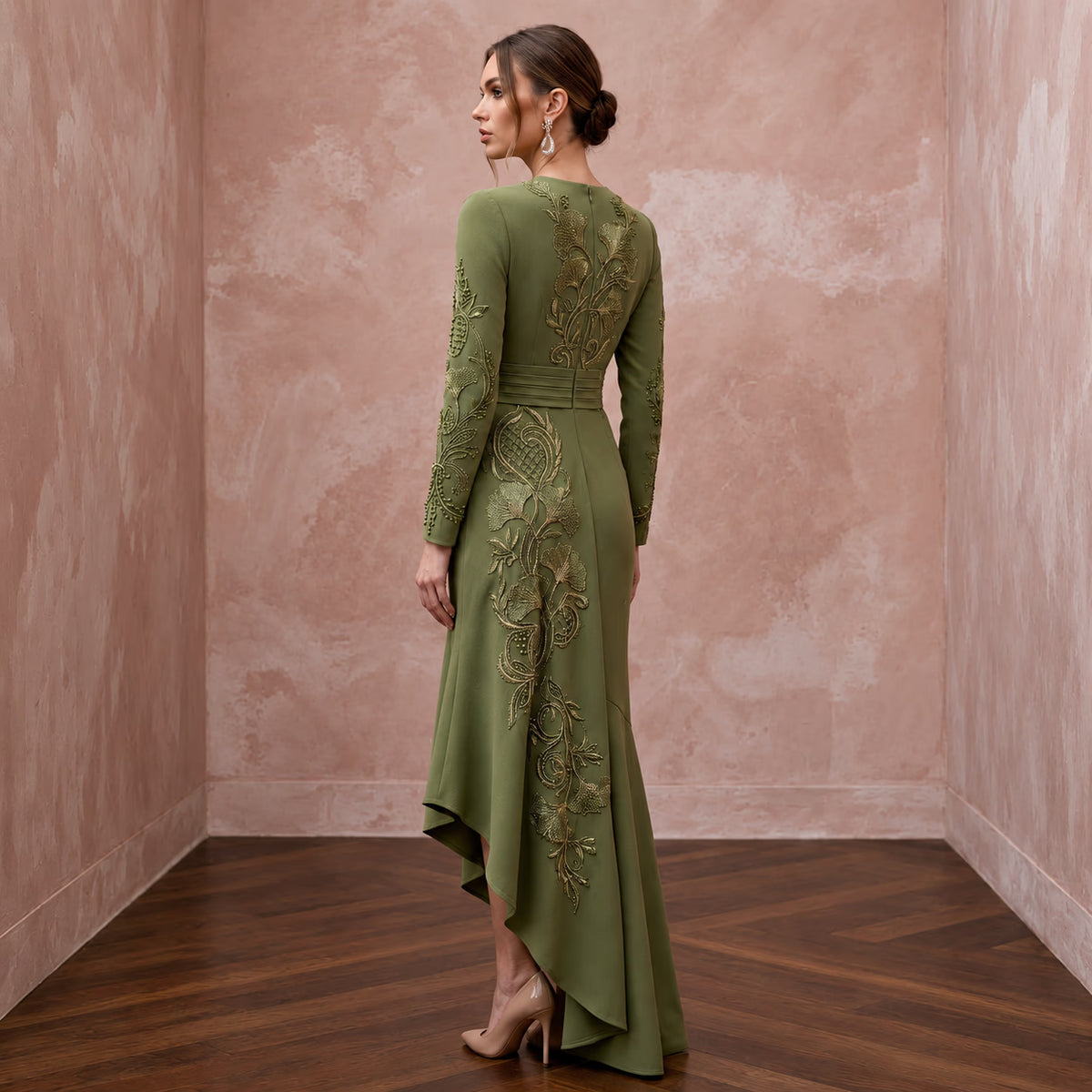 Olive Green Stretch Crepe Asymmetrical Hem Long Sleeve Dress - Apparel & Accessories > Clothing > Wedding & Bridal Party Dresses > Wedding Dresses - Mignonette Bridal