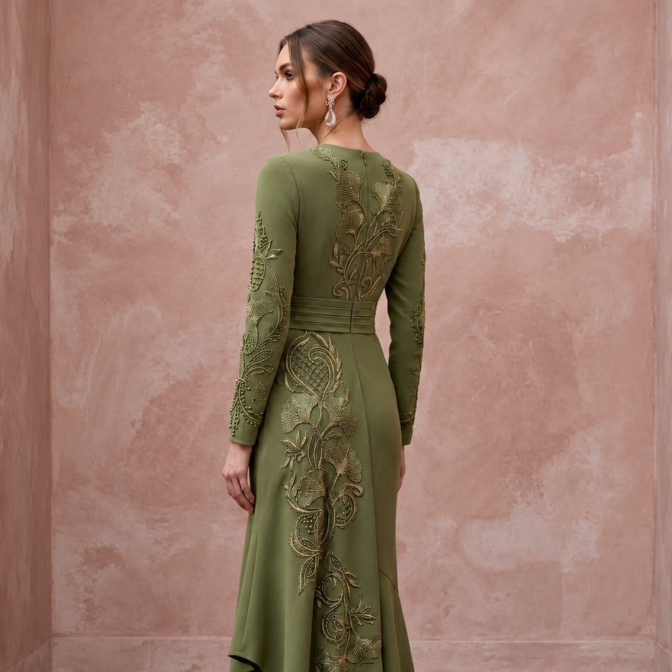 Olive Green Stretch Crepe Asymmetrical Hem Long Sleeve Dress - Apparel & Accessories > Clothing > Wedding & Bridal Party Dresses > Wedding Dresses - Mignonette Bridal