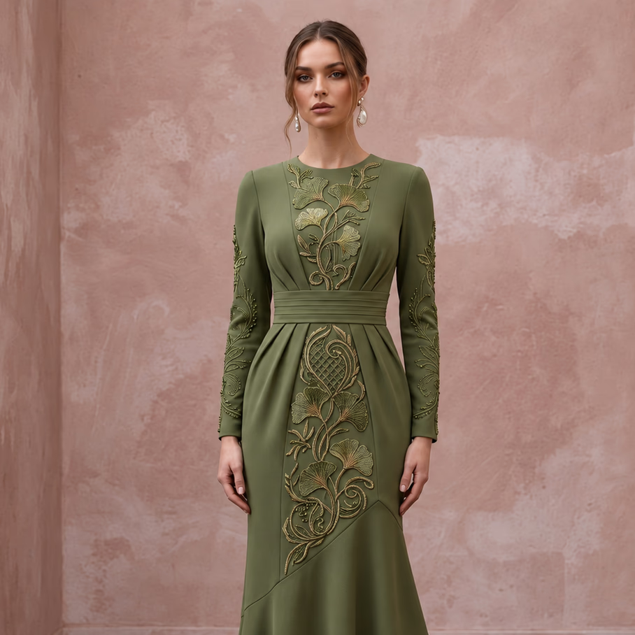 Olive Green Stretch Crepe Asymmetrical Hem Long Sleeve Dress - Apparel & Accessories > Clothing > Wedding & Bridal Party Dresses > Wedding Dresses - Mignonette Bridal
