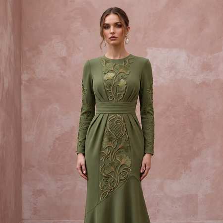 Olive Green Stretch Crepe Asymmetrical Hem Long Sleeve Dress - Apparel & Accessories > Clothing > Wedding & Bridal Party Dresses > Wedding Dresses - Mignonette Bridal