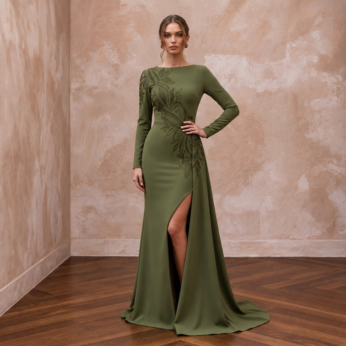 Olive Green Stretch Crepe Asymmetrical Hem Long Sleeve Formal Dress