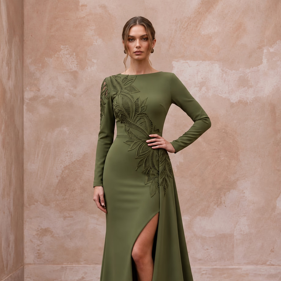 Olive Green Stretch Crepe Asymmetrical Hem Long Sleeve Formal Dress