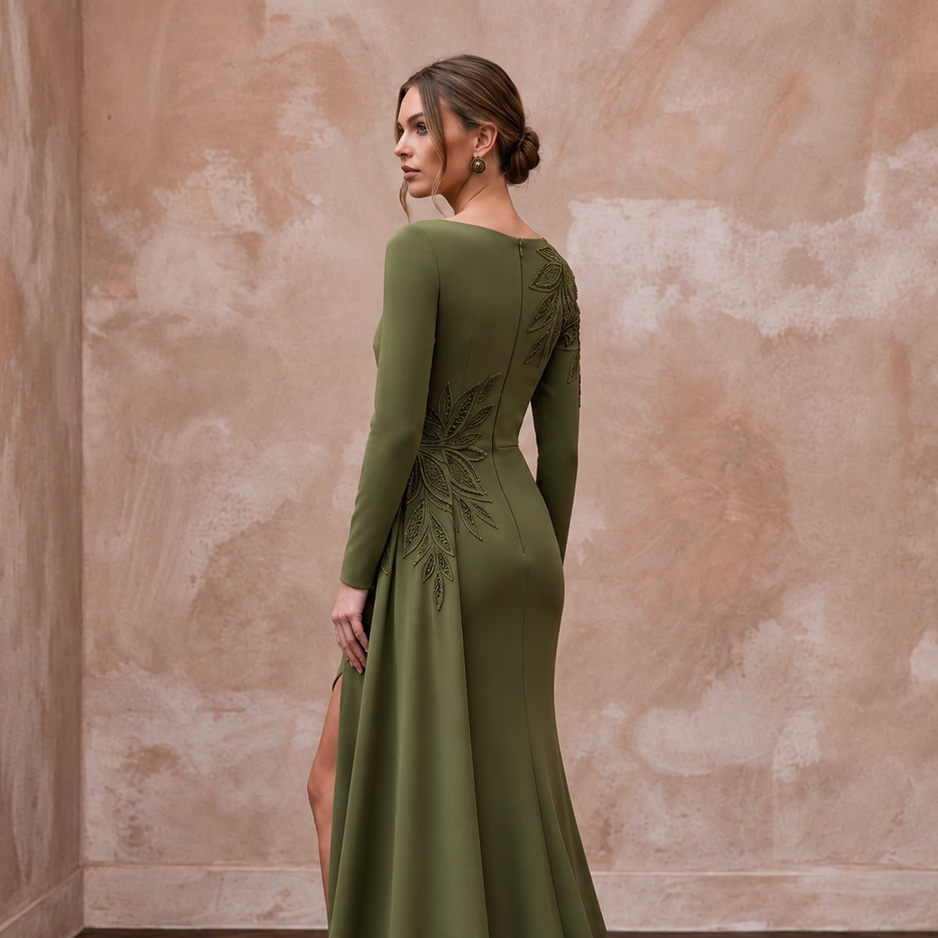 Olive Green Stretch Crepe Asymmetrical Hem Long Sleeve Formal Dress