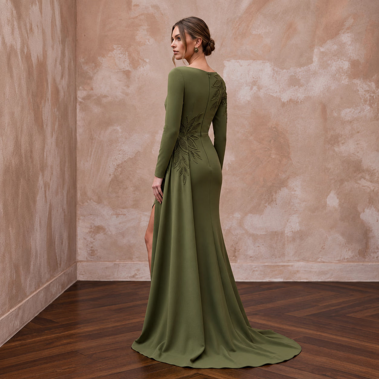 Olive Green Stretch Crepe Asymmetrical Hem Long Sleeve Formal Dress Secondary image