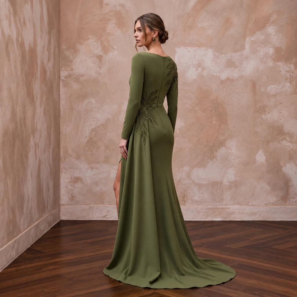 Olive Green Stretch Crepe Asymmetrical Hem Long Sleeve Formal Dress