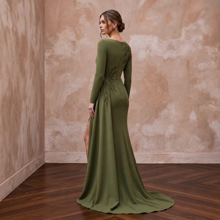 Olive Green Stretch Crepe Asymmetrical Hem Long Sleeve Formal Dress