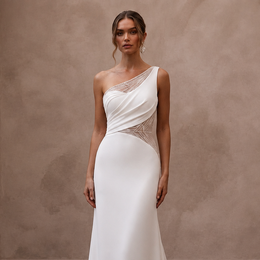 One Shoulder Crepe Wedding Dress for a Modern Ceremony - Apparel & Accessories > Clothing > Wedding & Bridal Party Dresses > Wedding Dresses - Mignonette Bridal