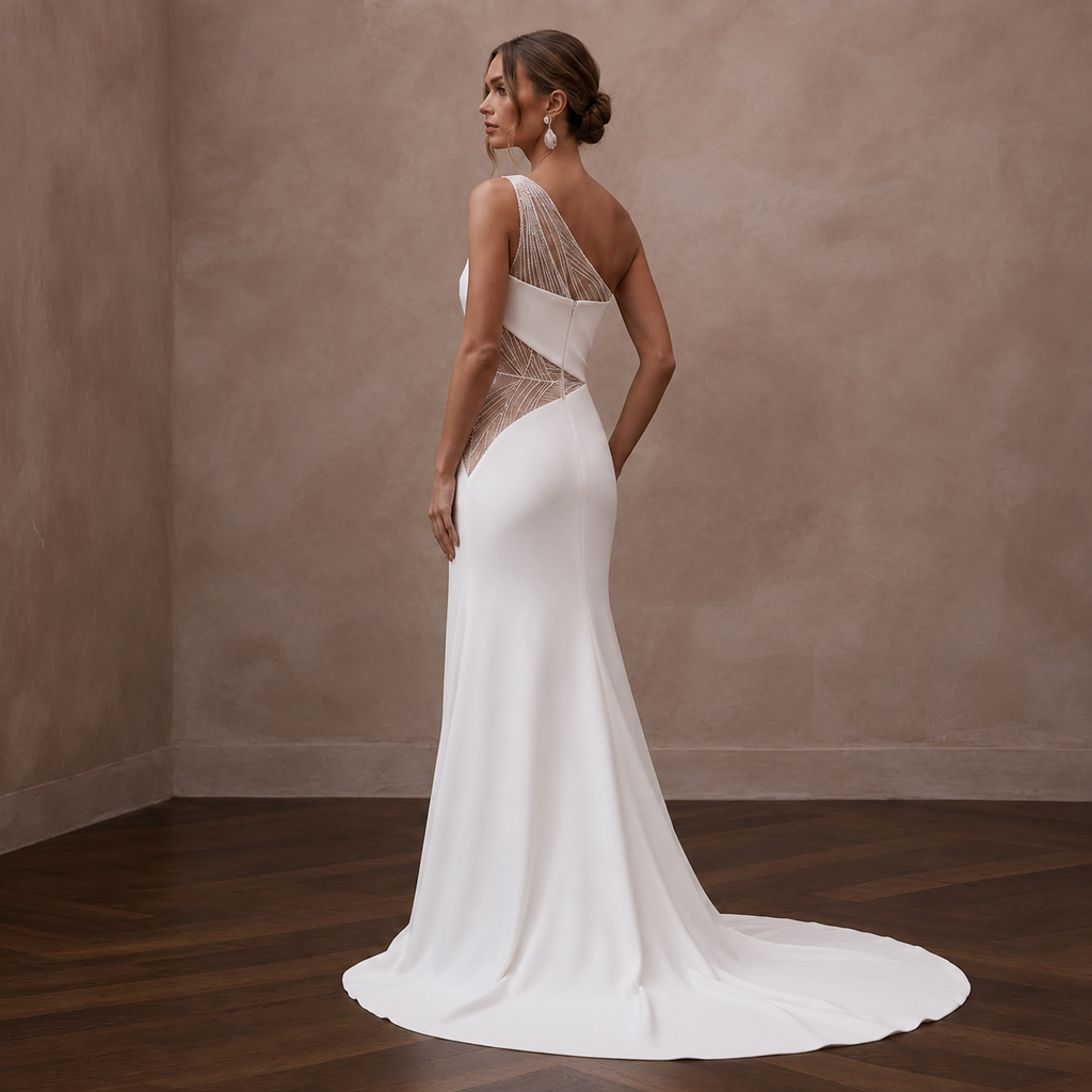One Shoulder Crepe Wedding Dress for a Modern Ceremony - Apparel & Accessories > Clothing > Wedding & Bridal Party Dresses > Wedding Dresses - Mignonette Bridal