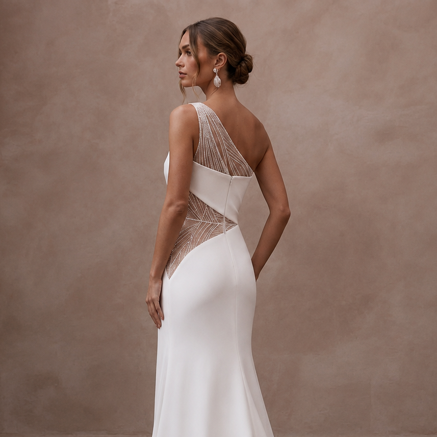 One Shoulder Crepe Wedding Dress for a Modern Ceremony - Apparel & Accessories > Clothing > Wedding & Bridal Party Dresses > Wedding Dresses - Mignonette Bridal