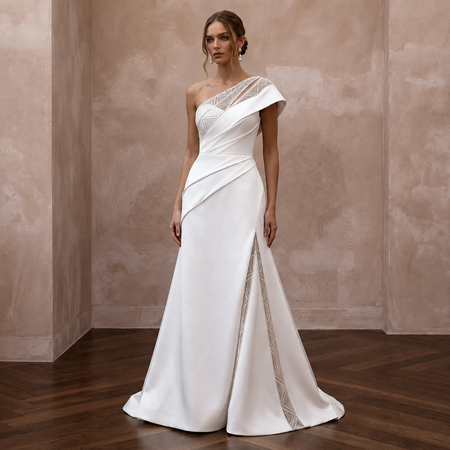 One Shoulder Satin Wedding Gown for a Contemporary Ceremony - Apparel & Accessories > Clothing > Wedding & Bridal Party Dresses > Wedding Dresses - Mignonette Bridal