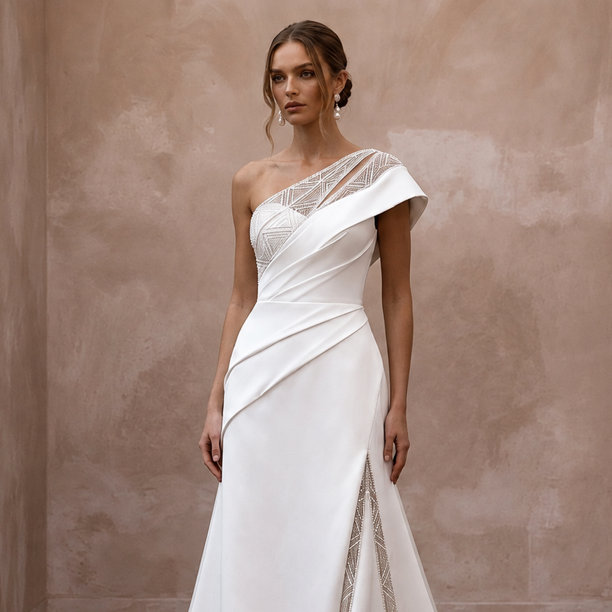 One Shoulder Satin Wedding Gown for a Contemporary Ceremony - Apparel & Accessories > Clothing > Wedding & Bridal Party Dresses > Wedding Dresses - Mignonette Bridal