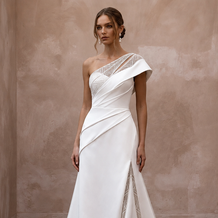 One Shoulder Satin Wedding Gown for a Contemporary Ceremony - Apparel & Accessories > Clothing > Wedding & Bridal Party Dresses > Wedding Dresses - Mignonette Bridal