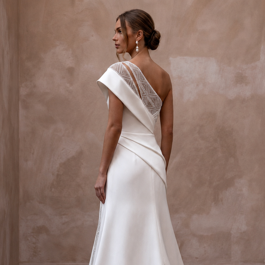 One Shoulder Satin Wedding Gown for a Contemporary Ceremony - Apparel & Accessories > Clothing > Wedding & Bridal Party Dresses > Wedding Dresses - Mignonette Bridal