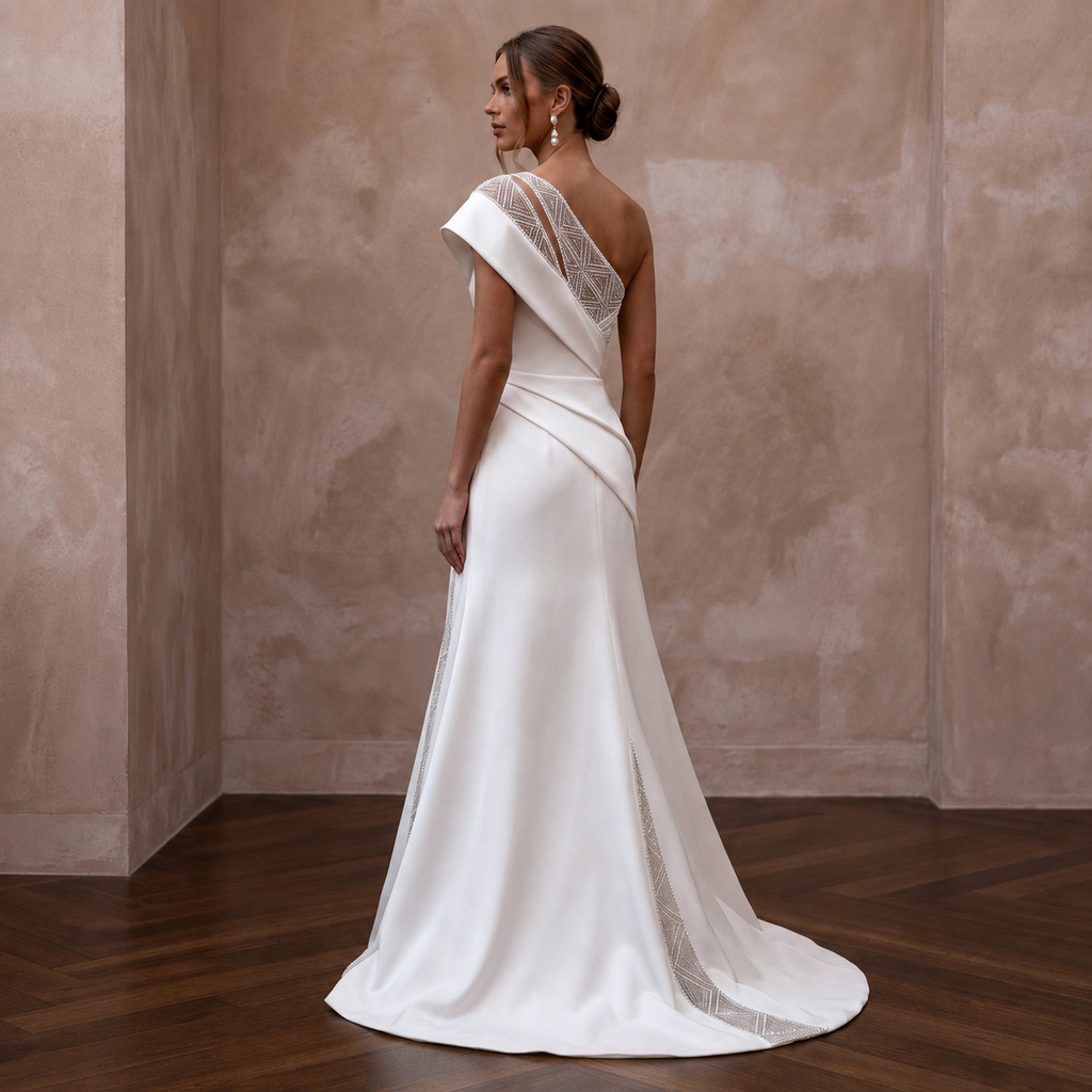 One Shoulder Satin Wedding Gown for a Contemporary Ceremony - Apparel & Accessories > Clothing > Wedding & Bridal Party Dresses > Wedding Dresses - Mignonette Bridal