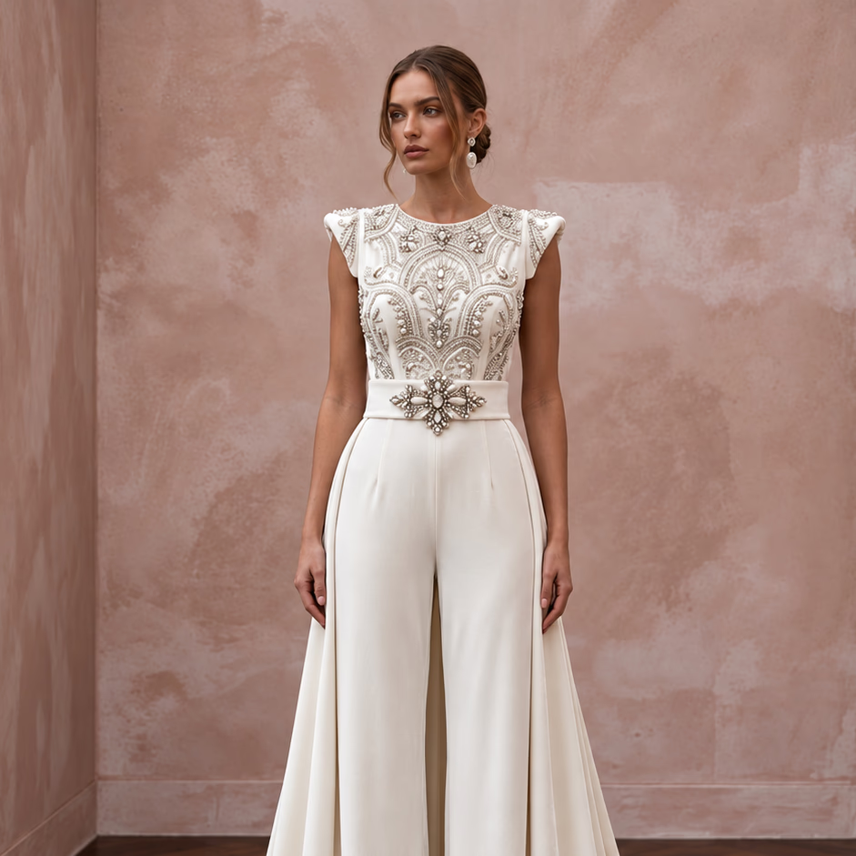 Opulent Ivory Velvet Palazzo Bridal Jumpsuit for Winter Rehearsal