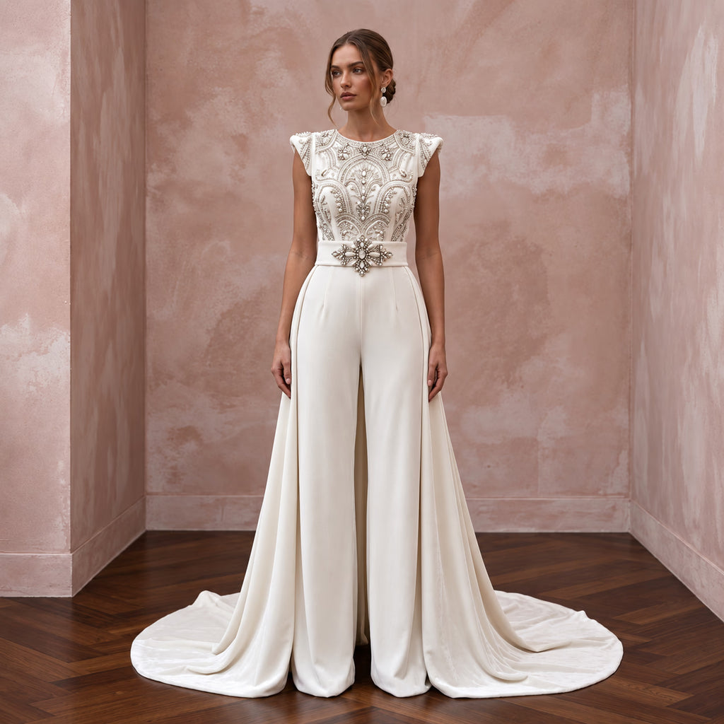 Opulent Ivory Velvet Palazzo Bridal Jumpsuit for Winter Rehearsal