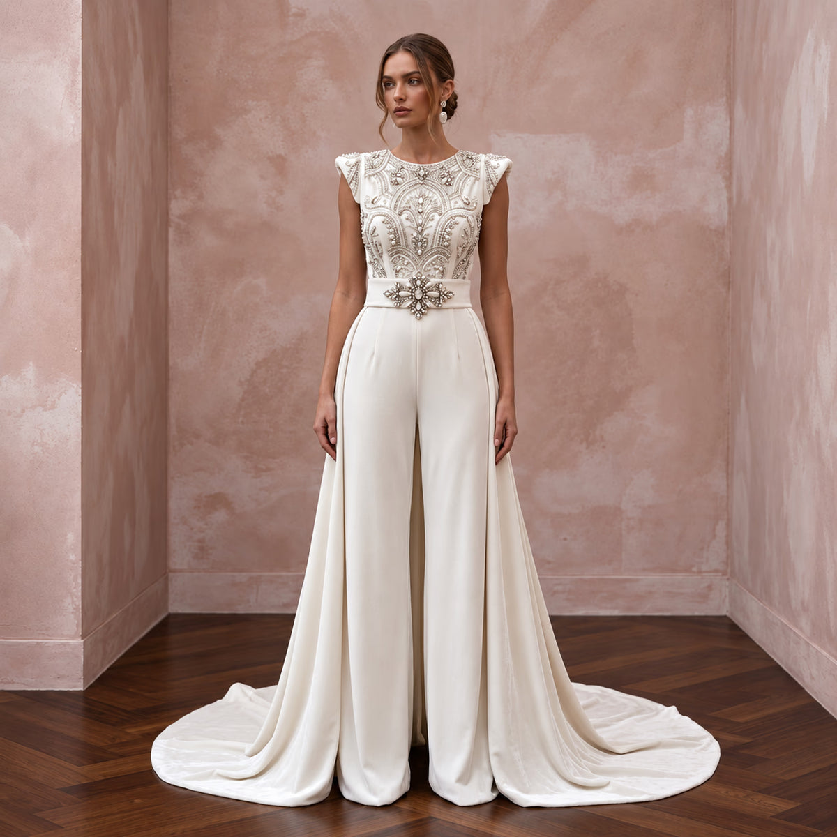 Opulent Ivory Velvet Palazzo Bridal Jumpsuit for Winter Rehearsal