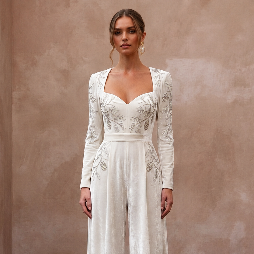 Opulent Ivory Velvet Palazzo Jumpsuit for Winter Rehearsal
