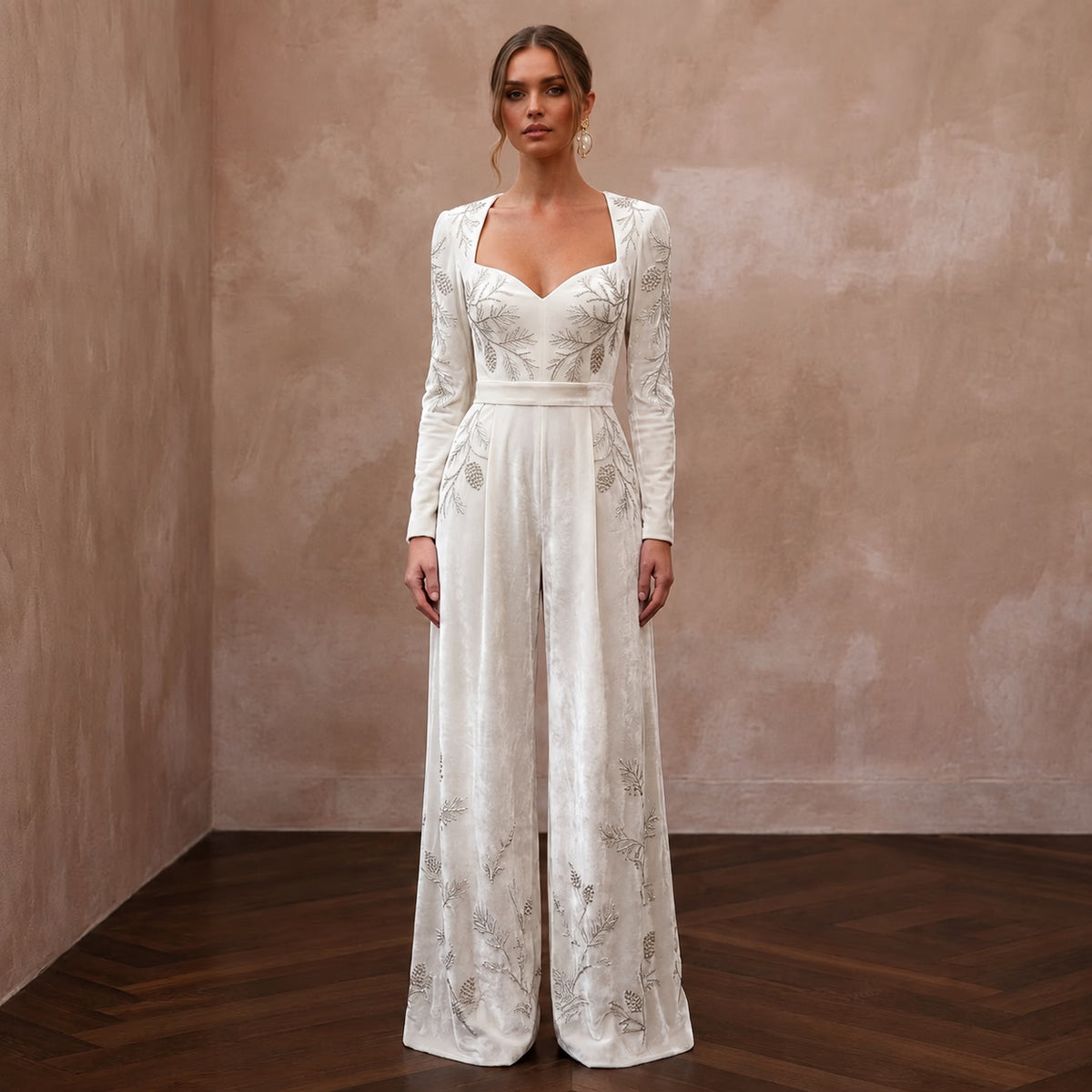 Opulent Ivory Velvet Palazzo Jumpsuit for Winter Rehearsal - Apparel & Accessories > Clothing > Wedding & Bridal Party Dresses > Wedding Dresses - Mignonette Bridal