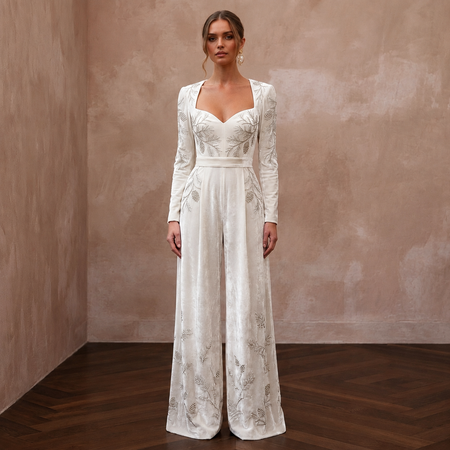 Opulent Ivory Velvet Palazzo Jumpsuit for Winter Rehearsal