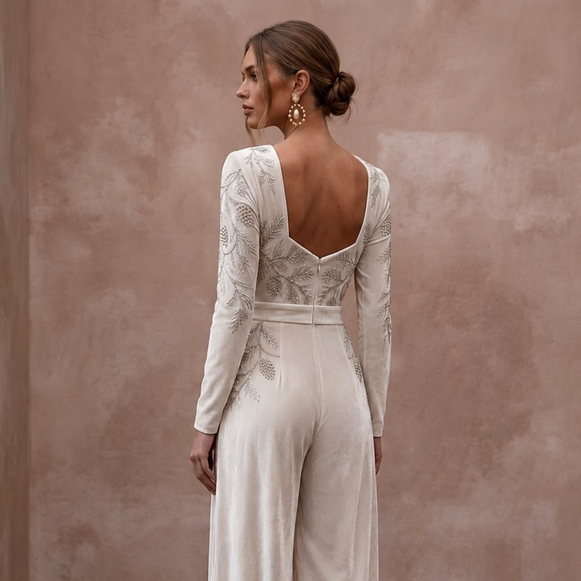 Opulent Ivory Velvet Palazzo Jumpsuit for Winter Rehearsal - Apparel & Accessories > Clothing > Wedding & Bridal Party Dresses > Wedding Dresses - Mignonette Bridal