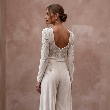 Opulent Ivory Velvet Palazzo Jumpsuit for Winter Rehearsal - Apparel & Accessories > Clothing > Wedding & Bridal Party Dresses > Wedding Dresses - Mignonette Bridal