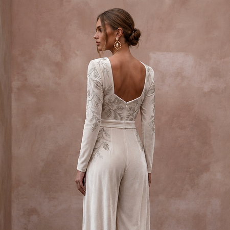 Opulent Ivory Velvet Palazzo Jumpsuit for Winter Rehearsal