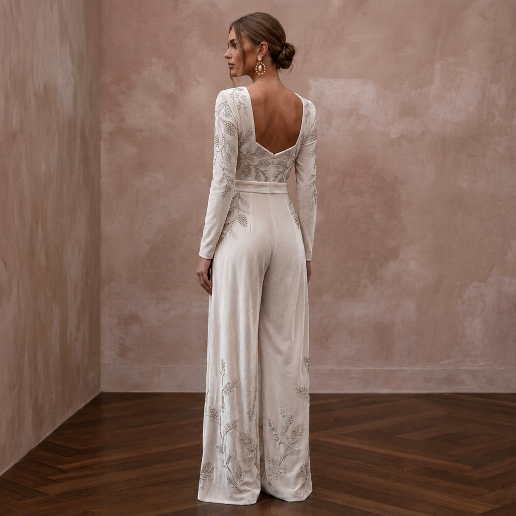 Opulent Ivory Velvet Palazzo Jumpsuit for Winter Rehearsal