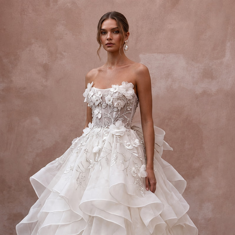 Organza Ball Gown Wedding Dresses with Layered Skirts - Apparel & Accessories > Clothing > Wedding & Bridal Party Dresses > Wedding Dresses - Mignonette