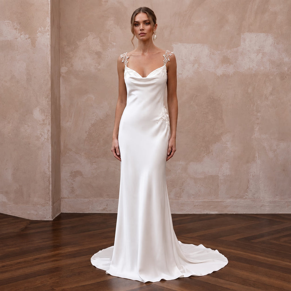 Pared-Back Ivory Charmeuse Cowl Neck Slip Wedding Dress for Engagement Party