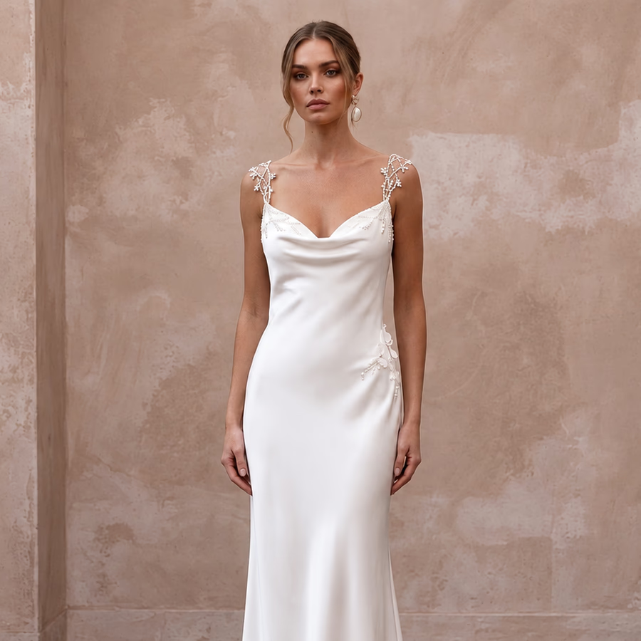 Pared-Back Ivory Charmeuse Cowl Neck Slip Wedding Dress for Engagement Party