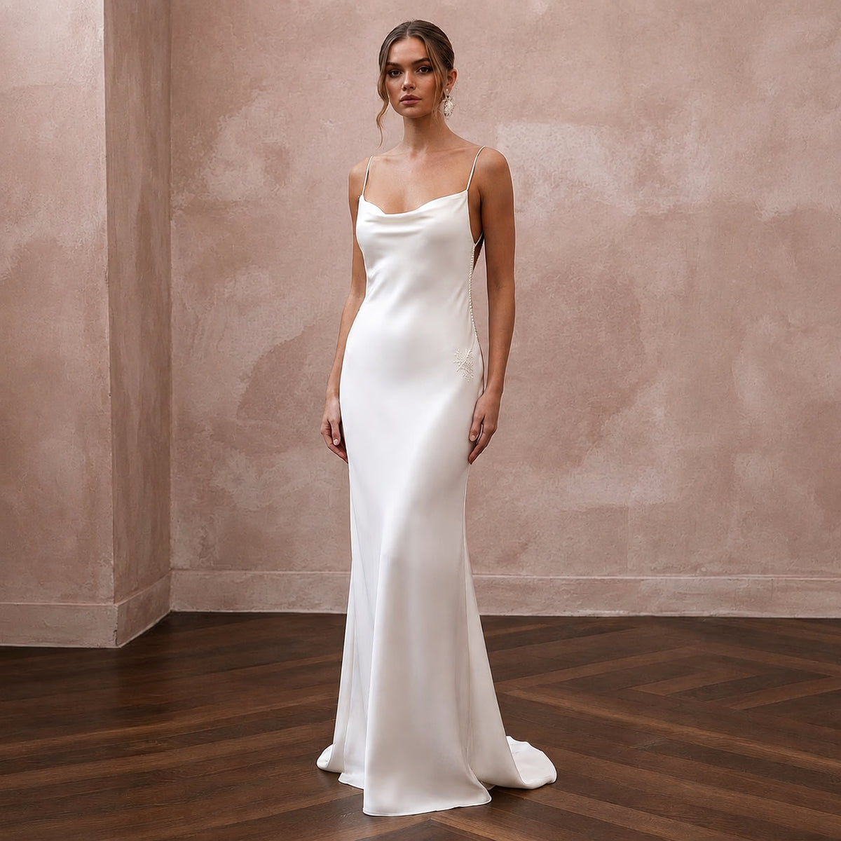 Pared - Back Ivory Charmeuse Cowl Neck Slip for Engagement Party - Apparel & Accessories > Clothing > Wedding & Bridal Party Dresses > Wedding Dresses - Mignonette Bridal Main image