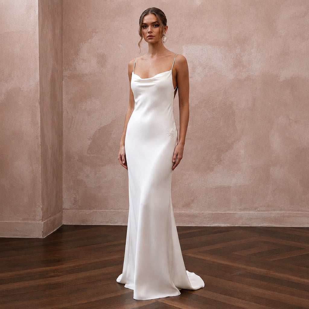 Pared - Back Ivory Charmeuse Cowl Neck Slip for Engagement Party - Apparel & Accessories > Clothing > Wedding & Bridal Party Dresses > Wedding Dresses - Mignonette Bridal