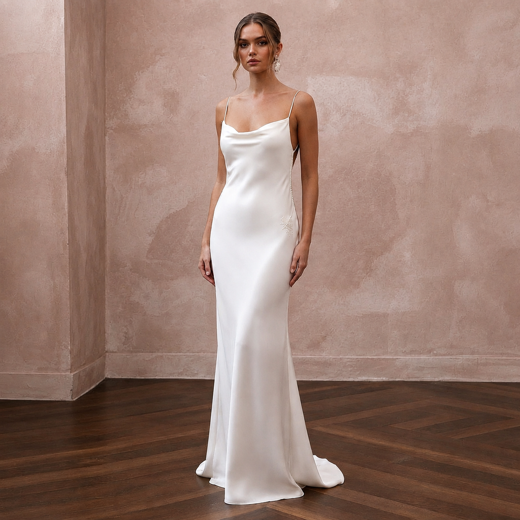 Pared-Back Ivory Charmeuse Cowl Neck Slip for Engagement Party