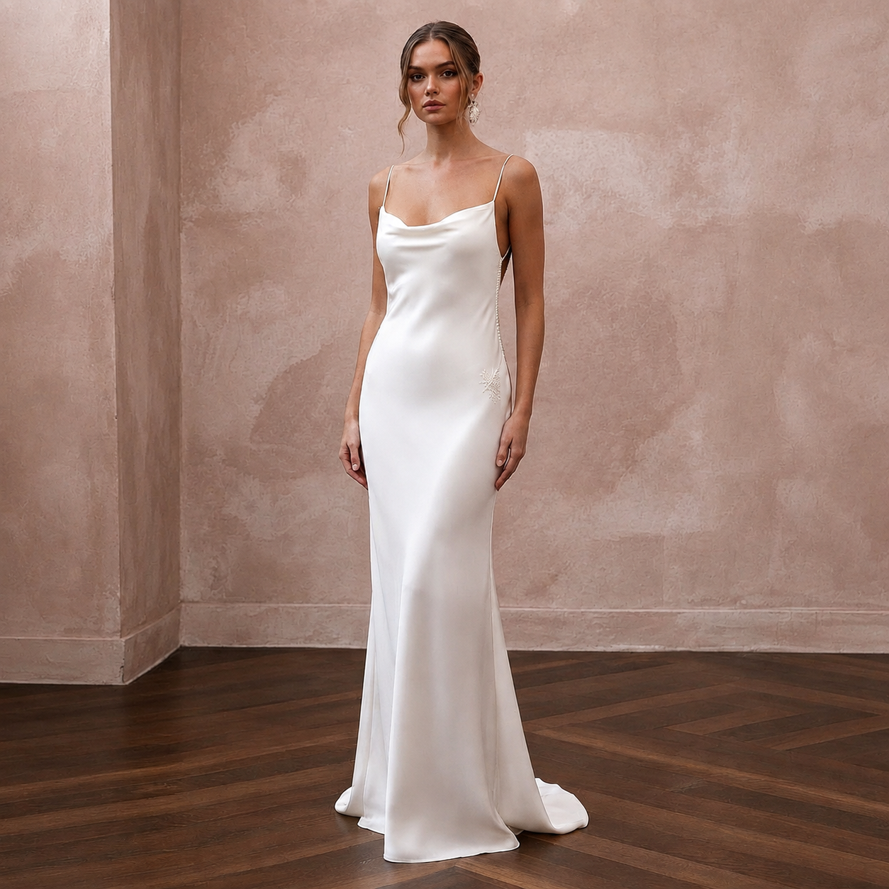 Pared-Back Ivory Charmeuse Cowl Neck Slip for Engagement Party