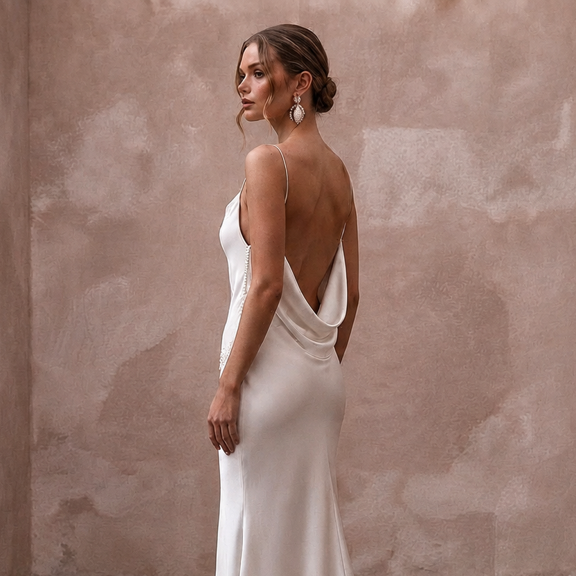 Pared-Back Ivory Charmeuse Cowl Neck Slip for Engagement Party