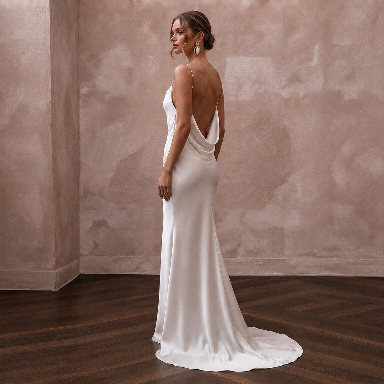 Pared-Back Ivory Charmeuse Cowl Neck Slip for Engagement Party