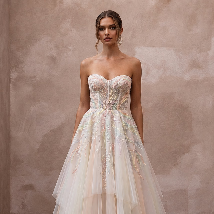 Pastel Rainbow Embroidered Tulle Dress for Pride Vow Renewal - Apparel & Accessories > Clothing > Wedding & Bridal Party Dresses > Wedding Dresses - Mignonette Bridal