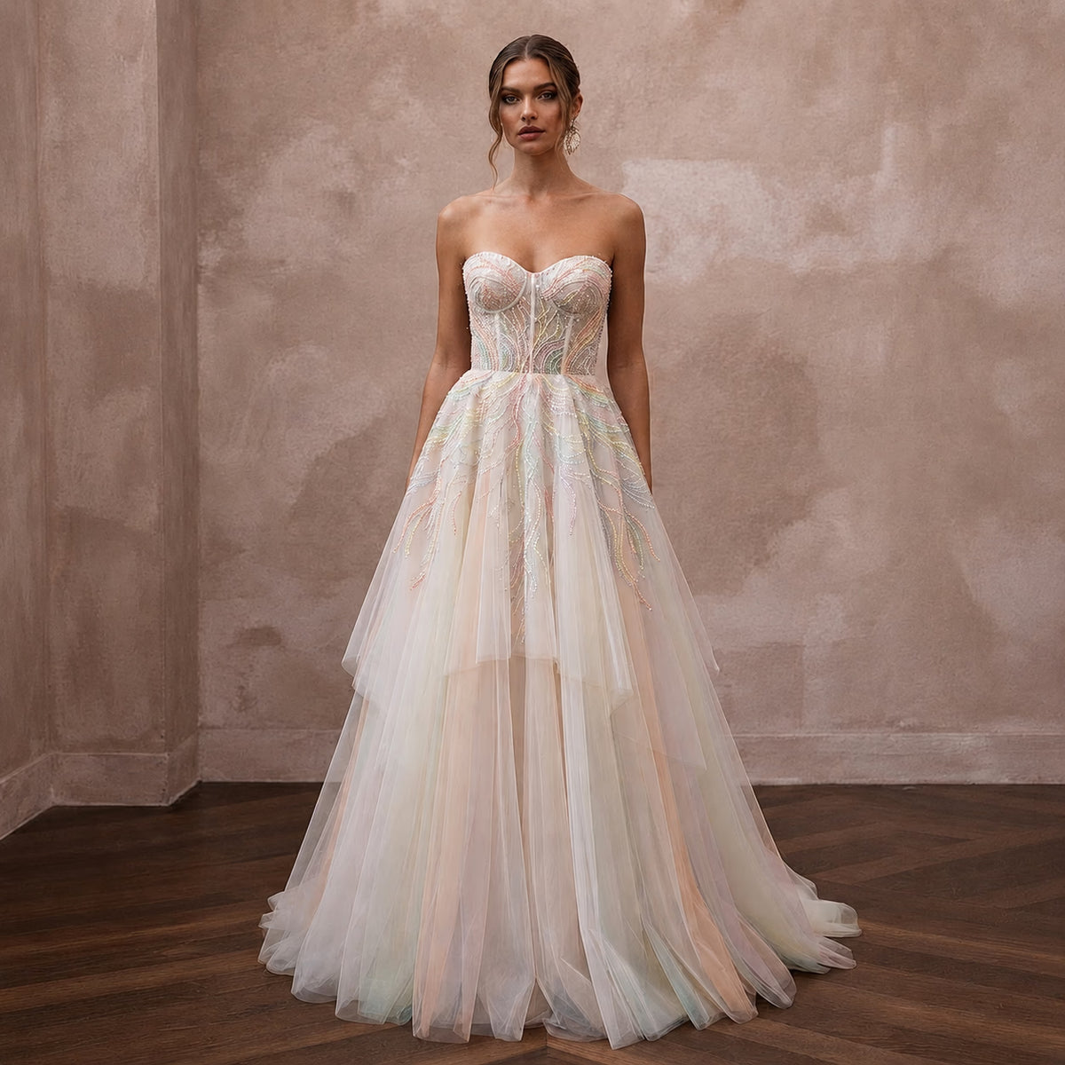 Pastel Rainbow Embroidered Tulle Dress for Pride Vow Renewal - Apparel & Accessories > Clothing > Wedding & Bridal Party Dresses > Wedding Dresses - Mignonette Bridal Main image