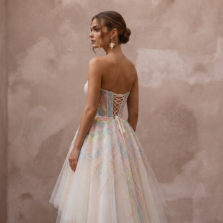 Pastel Rainbow Embroidered Tulle Dress for Pride Vow Renewal - Apparel & Accessories > Clothing > Wedding & Bridal Party Dresses > Wedding Dresses - Mignonette Bridal