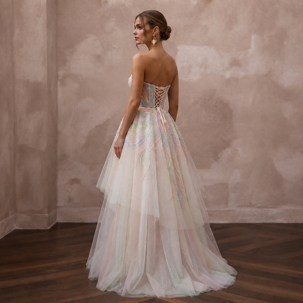 Pastel Rainbow Embroidered Tulle Dress for Pride Vow Renewal - Apparel & Accessories > Clothing > Wedding & Bridal Party Dresses > Wedding Dresses - Mignonette Bridal