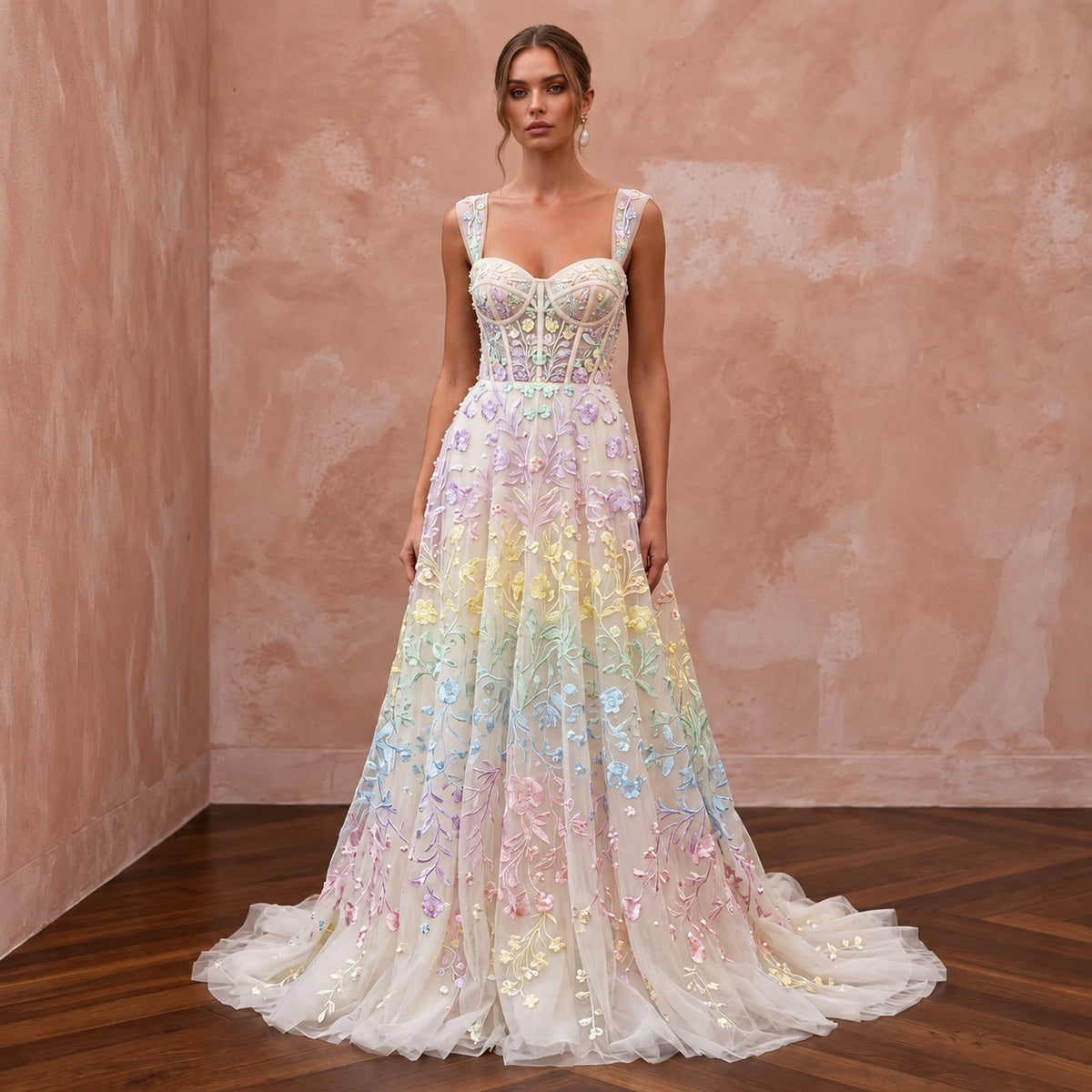 Pastel Rainbow Embroidered Tulle Wedding Dress for Pride Vow Renewal