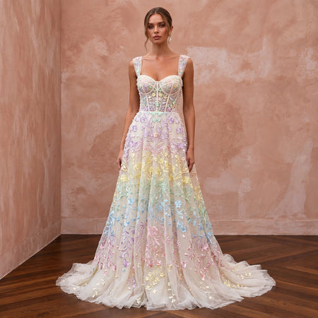 Pastel Rainbow Embroidered Tulle Wedding Dress for Pride Vow Renewal