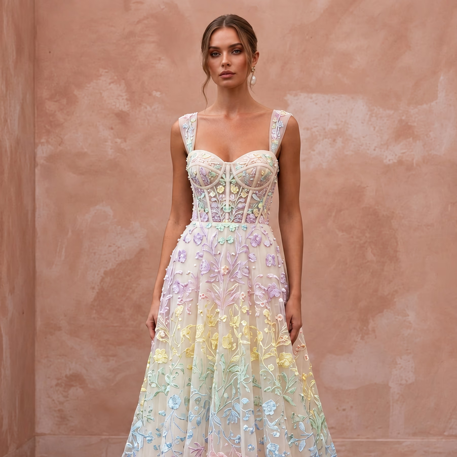 Pastel Rainbow Embroidered Tulle Wedding Dress for Pride Vow Renewal